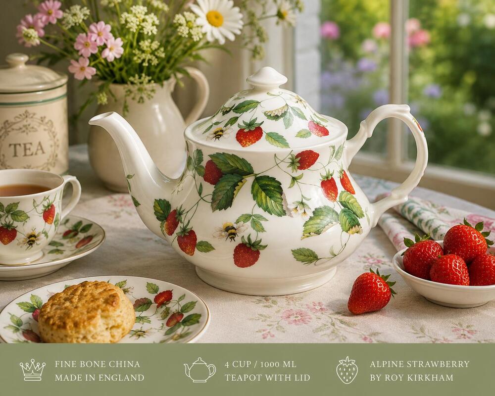Roy Kirkham Alpine Strawberry Teapot | Fine Bone China | Made in England | New